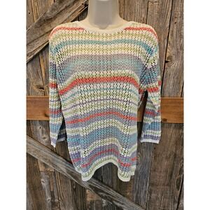 T & company size M PETITE PM loose knit layering blouse bright stripes 3/4 slv ^